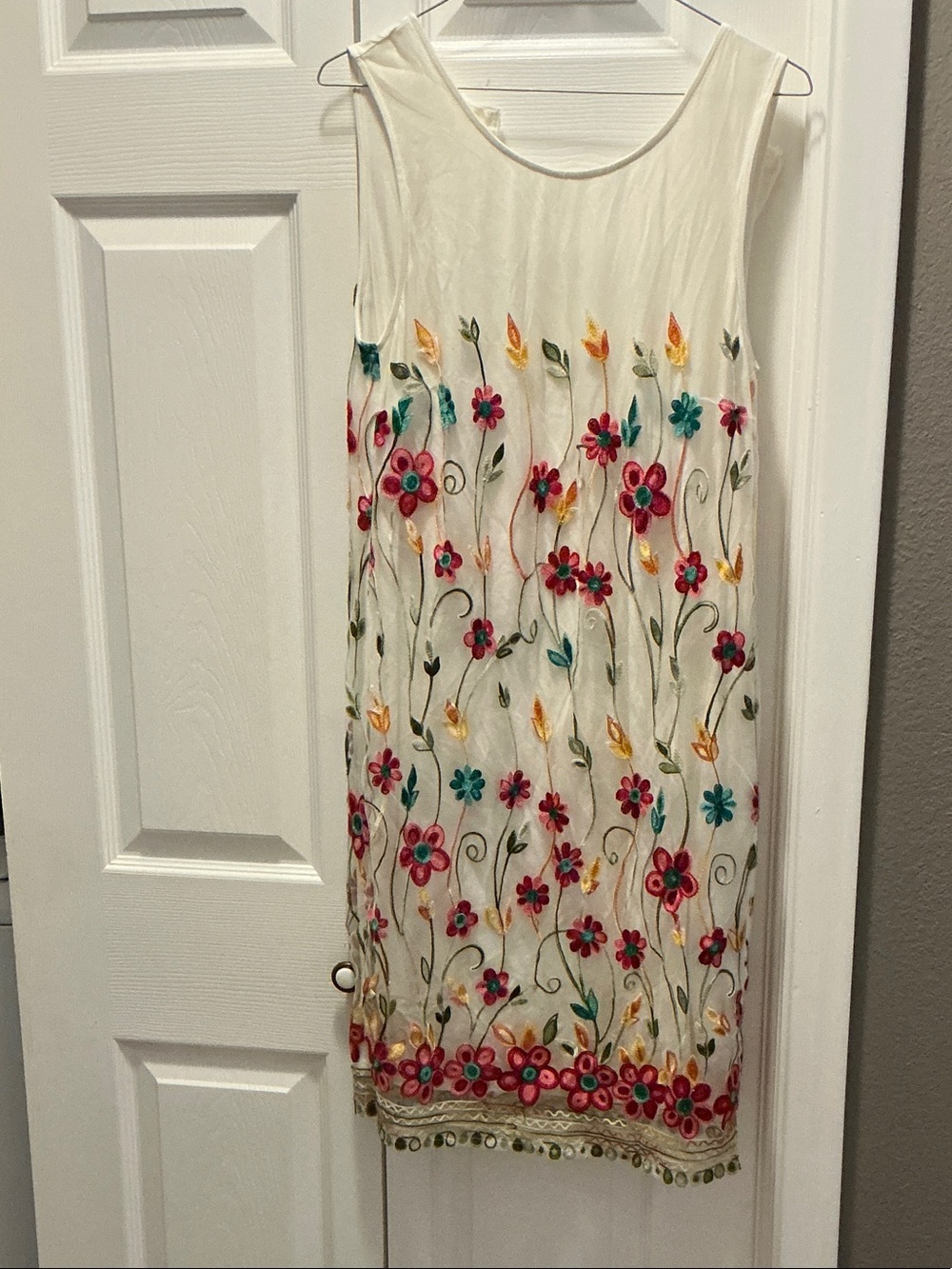 ESQUALO Cream Midi Dress with Multicolor Floral Embroidery